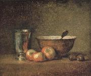 Three apple two millet bowls and silver wine class, Jean Baptiste Simeon Chardin
